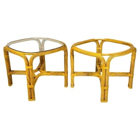 Vintage Twisted Rattan Coffee Side Tables With Glass Top