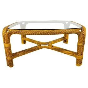 Vintage Twisted Rattan Coffee Table With Glass Top