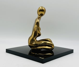 Figurative Bronze Sculpture of A Kneeling Figure on a Lucite Base, Signed.
