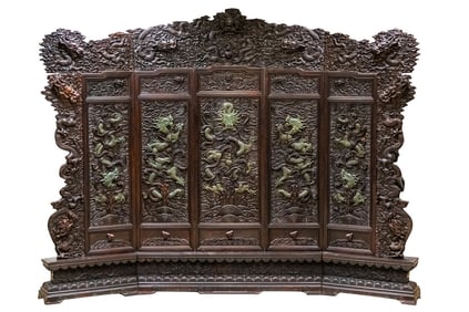 Antique Chinese Relief/Carved Screen in Solid Wood & Jade, 135w x 105h