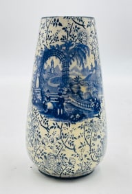 Antique English Blue & White Transferware Vase with Romantic Garden Scene, 19th Century