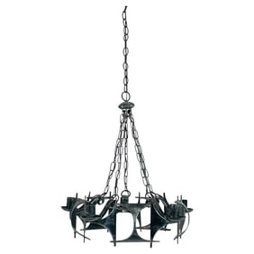 1970s Brutalist Modernist Wrought Iron Chandelier with Geometric Design