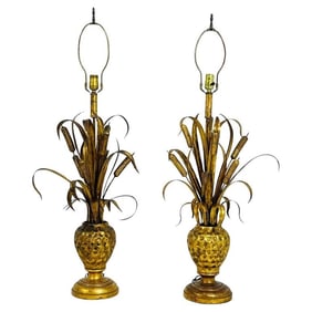 Pair of Maison Jansen Style Gilt Metal Lamps with Cattail Motif, France 1950's