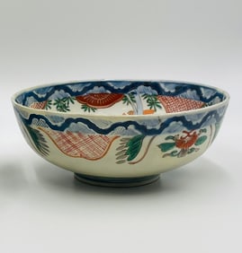 Antique Japanese Imari Porcelain Bowl with Phoenix and Fan Motifs, Meiji Period