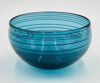 Studio Art Glass Bowl, Blue With Black Lines by Correia Art Glass, Signed & Dated 2005