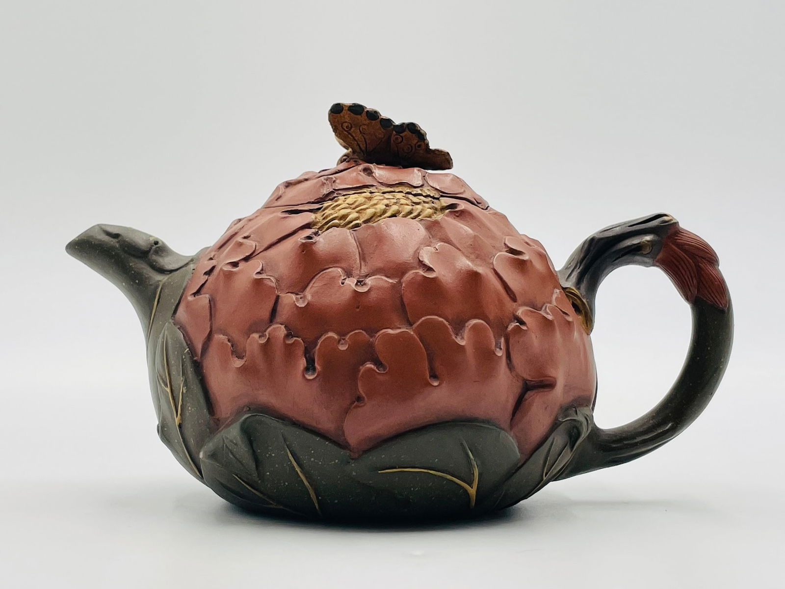 Chinese Yixing green with brown-clay Lotus & Butterfly Teapot (1 of 16)