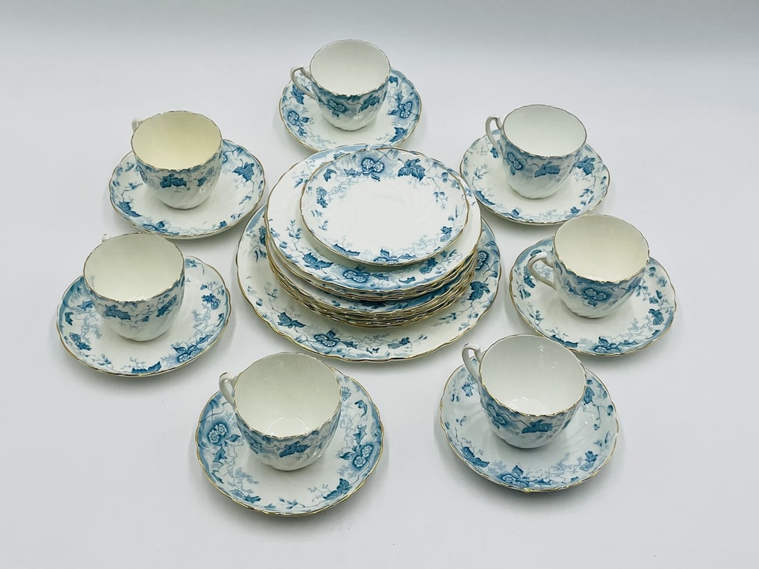 24 pieces dinner ware by Crafton China BAJ and Sons England: The set includes 7 teacups, 8 saucers 8 bread or salad plates and 1 dinner plate.Measurements;Cups; 3 inches diameter x 2.50 inches high.Saucers; 5.50 inches in diameter x .75 inches high.Bread/salad