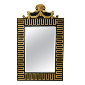 Monumental Neoclassical Style Mirror with Greek Key and Shell Crest in Black and Gold