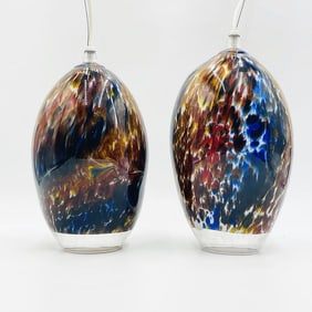Pair of Murano Glass Style Pendant Lights, Signed & Dated