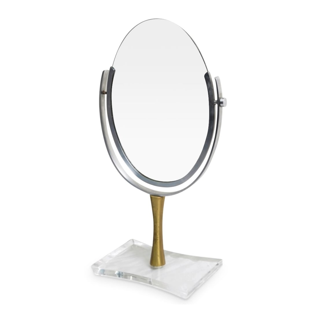 Charles Hollis Jones Dual Sided Vanity Mirror On Lucite Base, USA 1960's: Stunning dual sided vanity mirror designed and manufactured in the United Stated by Charles Hollis Jones. The mirror frame is made in polished nickel and the stem holding the mirror is brass with an