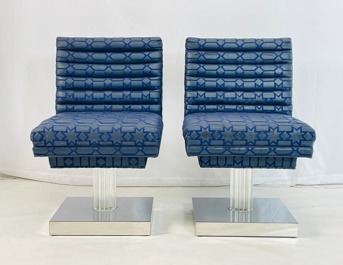Pair of Charles Hollis Jones style Slipper Chairs With Lucite & Chromed Bases: Pair of mid-century modern slipper chairs designed and manufactured in the United States in the 1970's. The chairs have a beautiful design, have a Lucite and chromed base and a geometric pattern upho