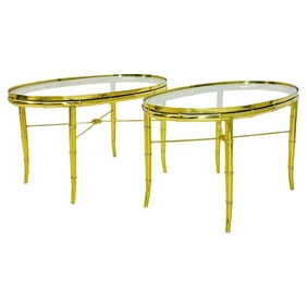 Pair of Faux Bamboo Brass & Glass, Oval Side Tables in the style of Mastercraft