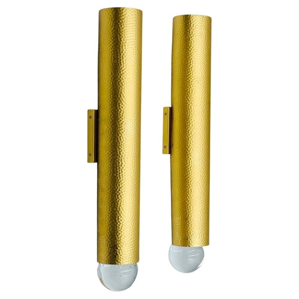 Pair of Tube Appliques Style of Model 169 by Herve van der Straeten: Style of Hervé van der Straeten. Pair of Tube appliques, style of model no. 169 Designed in 2000 Patinated hammered brass and crystal Apparently unmarked. Measurements: 27 inches high x 4 inche