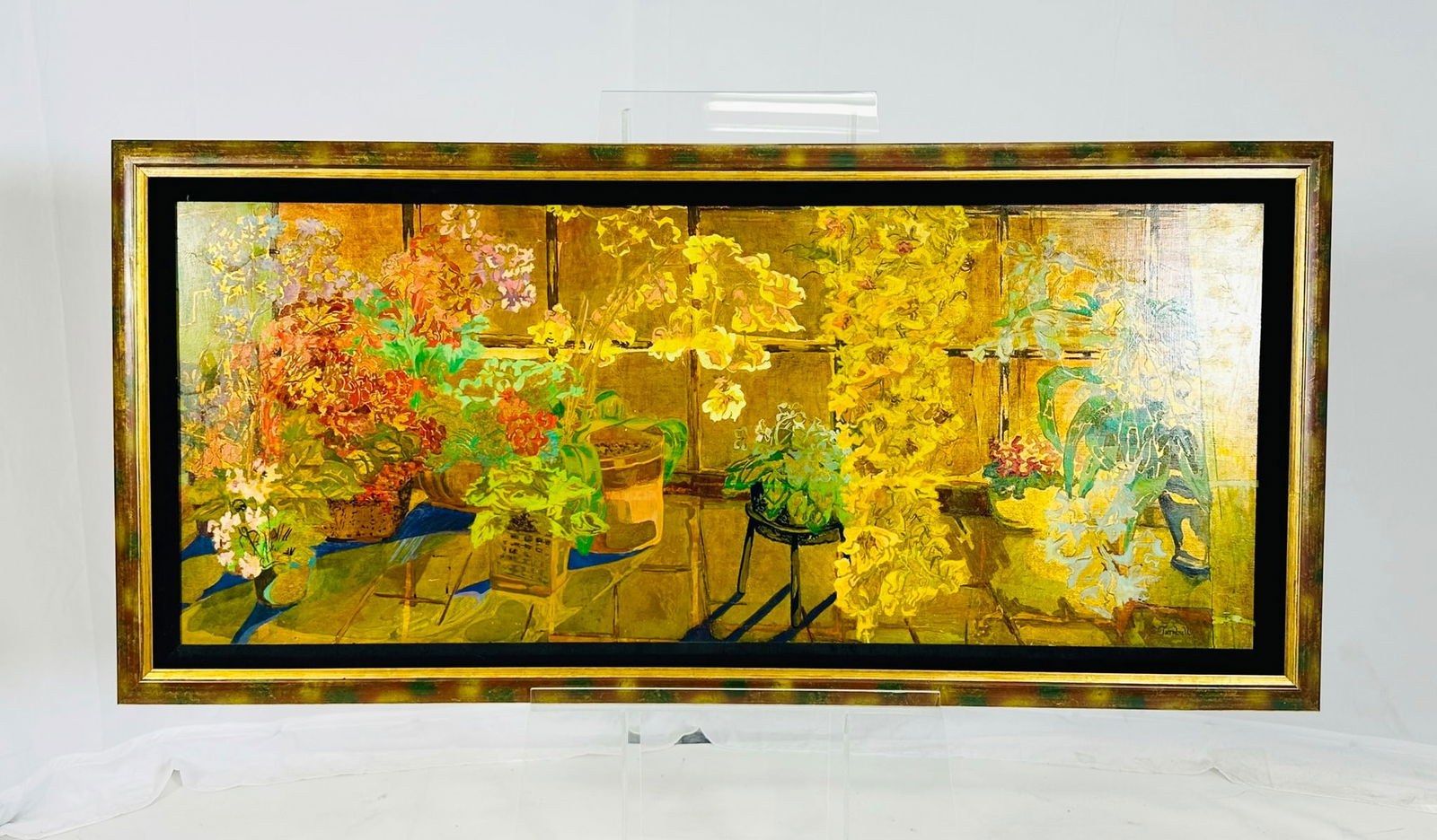 Original Painting by Mary Turnbull Titled 'Morning Sun' Signed & Titled: Stunning and beautiful oil painting over 22k Gold Leaf on Masonite by Los Angeles native, Mary Turnbull. The piece depicts a garden with lots of colorful flowers and peaceful trees. The piece is sig