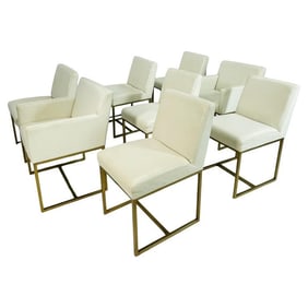 Set of 8 Dining Chairs by Restoration Hardware, Leather Upholstery & Brass Tone Frames