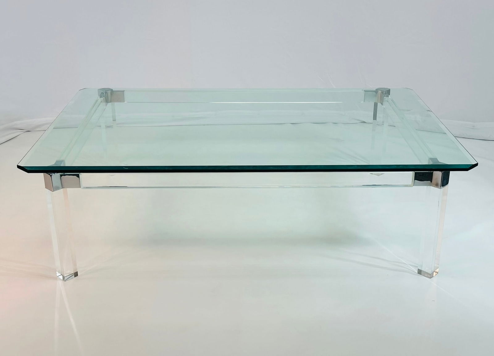 Lucite & Polished Nickel Coffee Table by Charles Hollis Jones, Metric Collection, Signed: Vintage coffee table in polished nickel and Lucite designed and manufactured in the USA by Charles Hollis Jones (American 1945-).The table is part of the Metric Collection which was created as a respo
