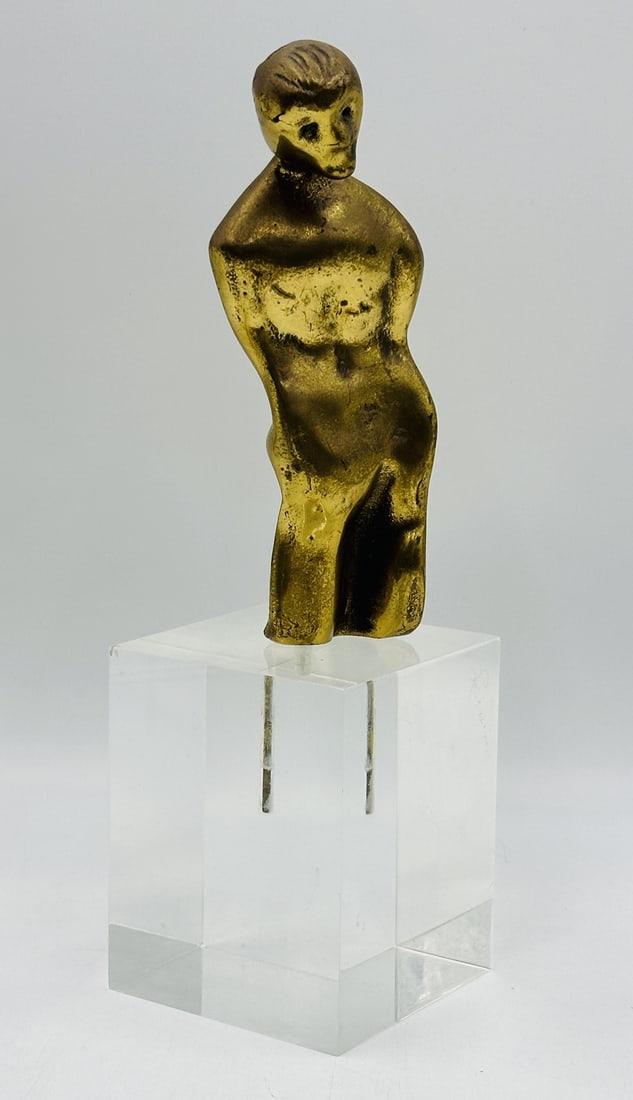 Bronze and Lucite Sculpture after Marcel Guguianu, Signed: Stunning bronze sculpture of a nude male standing on a Lucite base in the style of Marcel Guguianu.The piece is signed on the Lucite base.Measurements:13 inches high x 4 inches square base.All items a