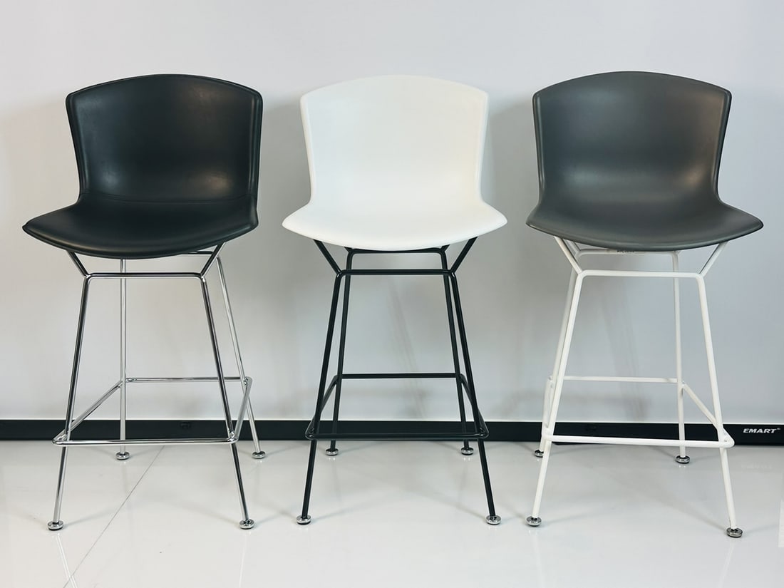 Set of Three Harry Bertoia Leather Barstools for Knoll, Signed (1 of 20)