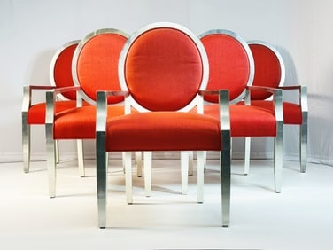 Set of 6 Modern Armchairs With Silver Leaf Frames & Red Upholstery.