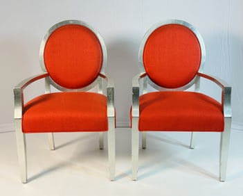 Modern Armchairs With Silver Leaf Frames & Red Upholstery.
