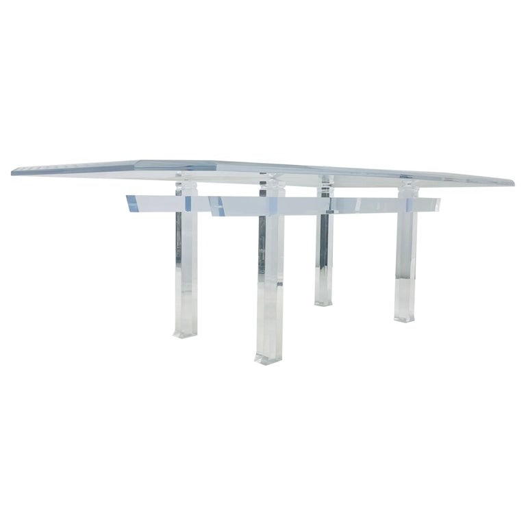 'Pagoda' Dining table in Solid Lucite by Charles Hollis Jones, Signed: Vintage Lucite dining table designed and manufactured by Charles Hollis Jones.The table is made entirely out of Lucite, the top is 1.25 inches thick with a bevel edge.The table is signed by the artist