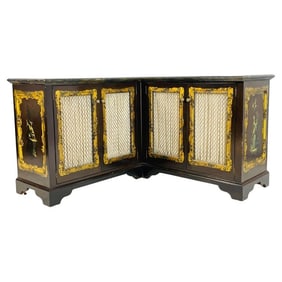 Regency Style Hand-Painted Corner Cabinet with Faux Marble Top & Wire Mesh Doors