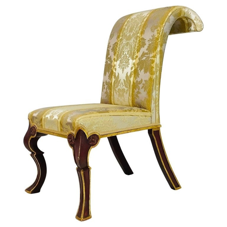 'Puccini' Slipper Chair by Rose Tarlow-Melrose House, Los Angeles: Dramatic bespoke slipper chair designed by Rose Tarlow-Melrose House Los Angeles, California. The Puccini slipper chair feature a hand-carved birch frame with an exaggerated scroll back. The generous