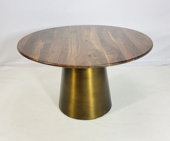 Modern Round Dining Table with Walnut Top and Brushed Brass Cone Base