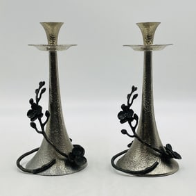 Pair of Michael Aram Hammered Metal Orchid Candlesticks