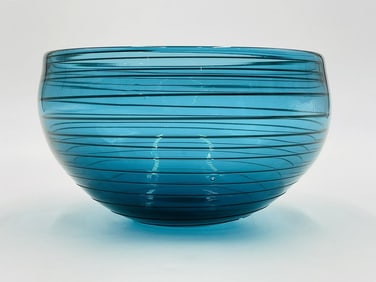 Studio Art Glass Bowl, Blue With Black Lines by Correia Art Glass, Signed & Dated 2005