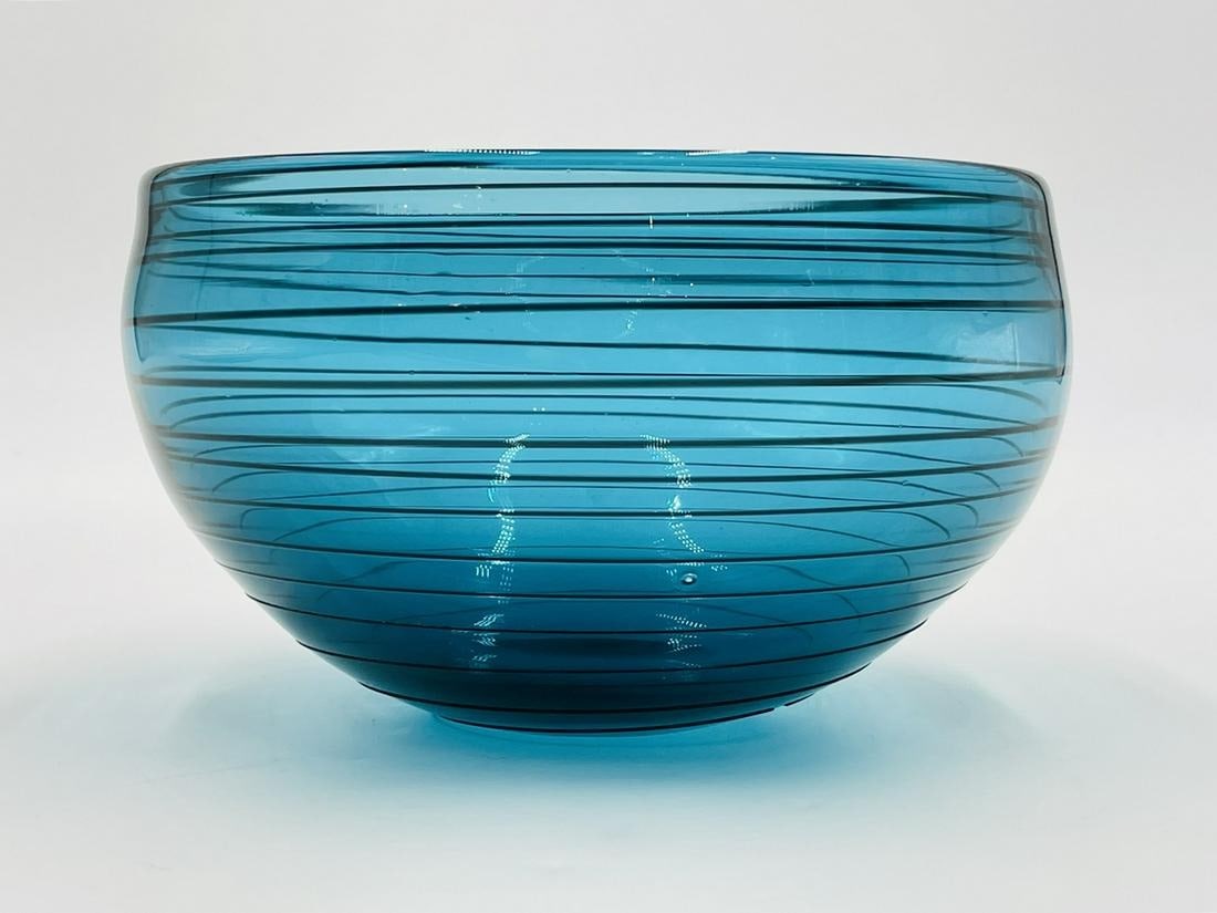 Studio Art Glass Bowl, Blue With Black Lines by Correia Art Glass, Signed & Dated 2005 (1 of 14)