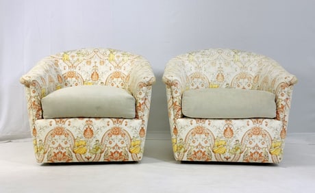 Pair of Swivel Lounge Chairs in Chinoisiere Fabric by J. Robert Scott