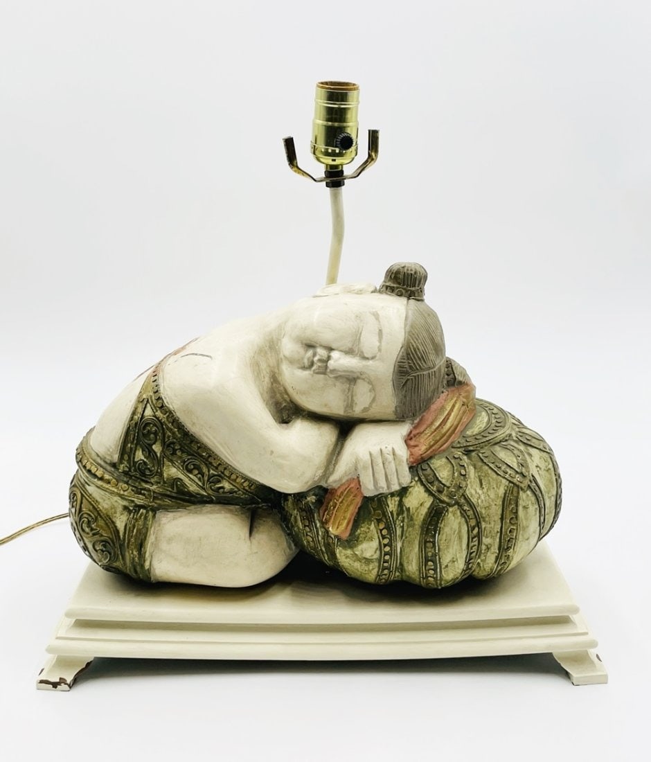 Sleeping Buddha Plaster Lamp: Vintage table lamp depicting a sleeping Buddha.Measurements:16.50 inches wide x 8.25 inches deep x 17 inches high to the top of the light socket and 27 high to the top of the harp.All items are sold a
