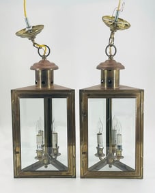 Pair of Vintage Brass & Glass Pendant Lights