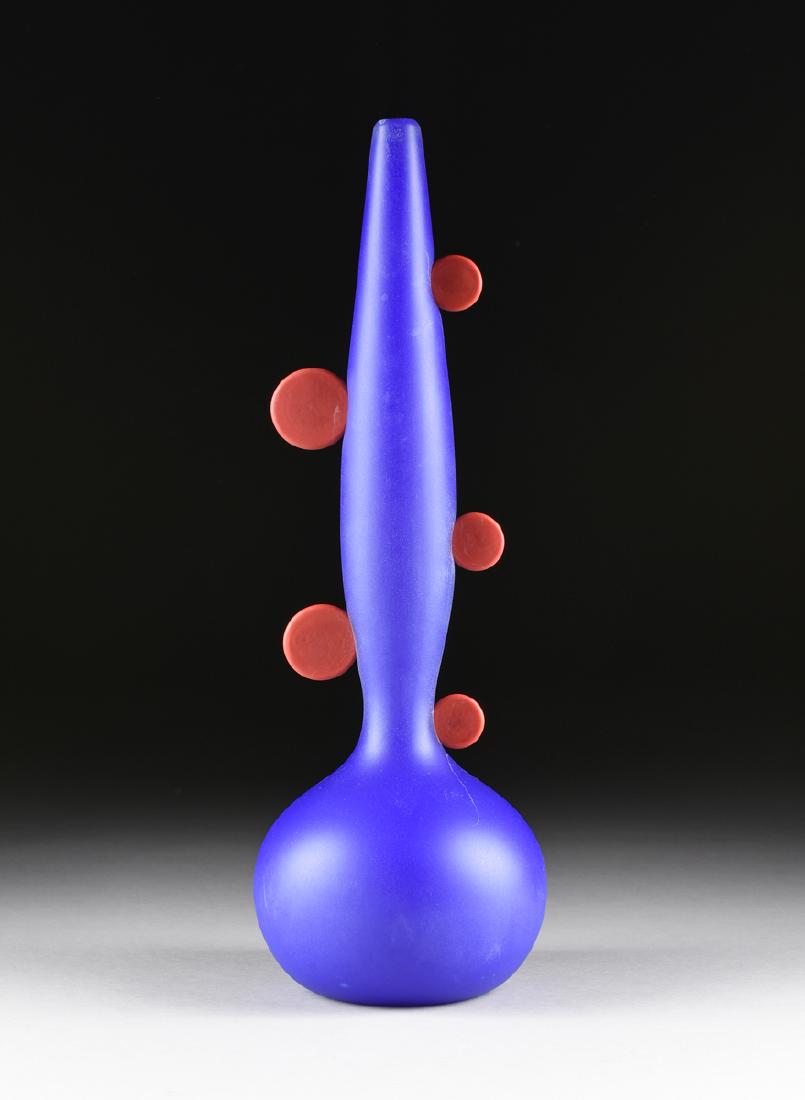 PAUL CUNNINGHAM (American b. 1954) A BLOWN MATTE GLASS: PAUL CUNNINGHAM (American b. 1954) A BLOWN MATTE GLASS VASE "RED AND BLUE COINWARE BOTTLE," SEATTLE, WASHINGTON, 1996, of baluster form in matte blue glass with applied red glass "coins," engraved sig
