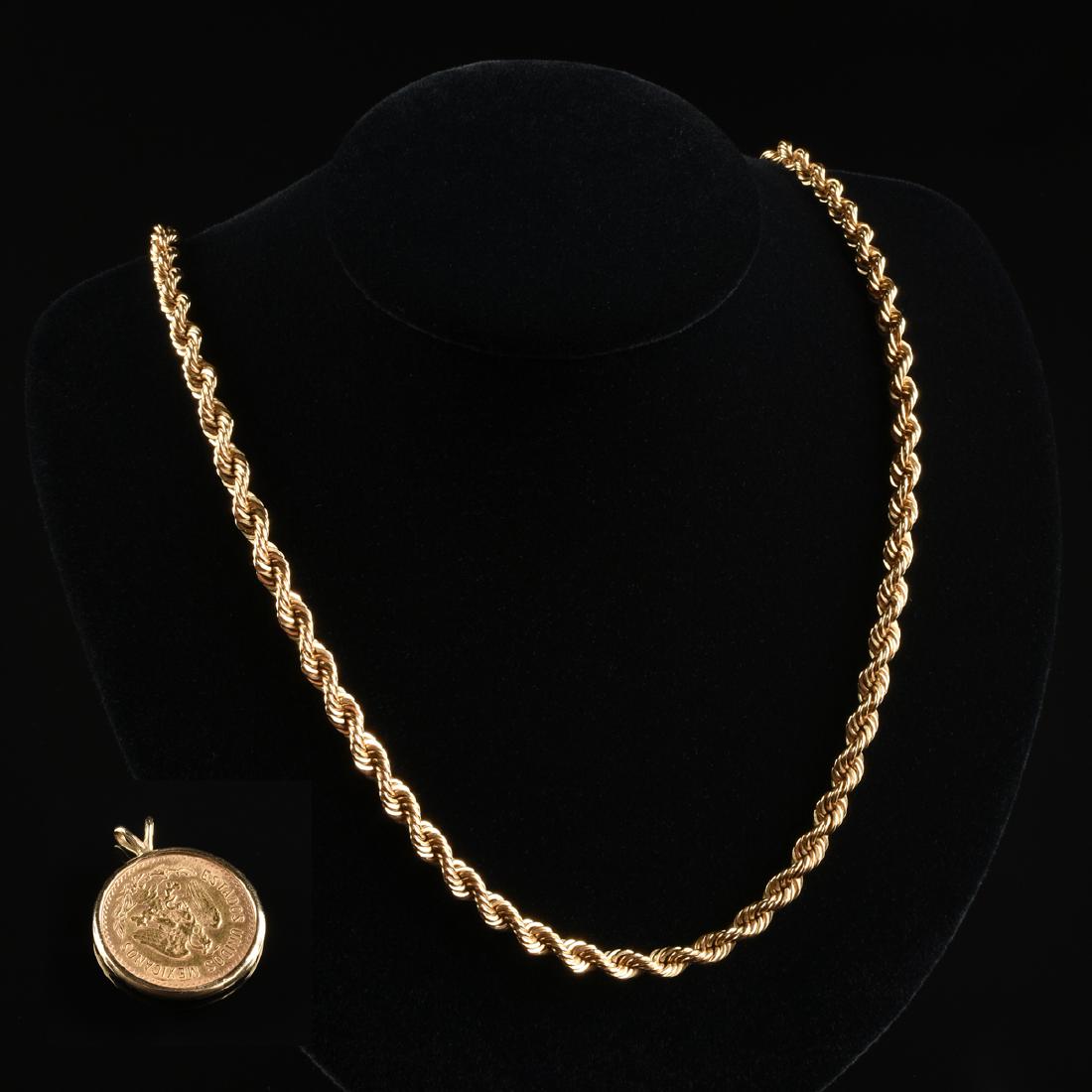 A GOLD "ESTADOS UNIDOS DE MEXICO CINCO PESOS" COIN AND (1 of 5)