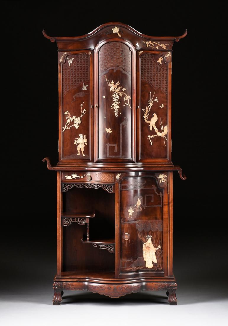 A SINO-JAPANESQUE STYLE CARVED WALNUT, BONE, AND: A SINO-JAPANESQUE STYLE CARVED WALNUT, BONE, AND MOTHER-OF-PEARL PAGODA FORM CABINET ON STAND ATTRIBUTED TO GABRIEL VIARDOT (French 1830-1906) PARIS, FRANCE, CIRCA 1880, the two tier cabinet with arch