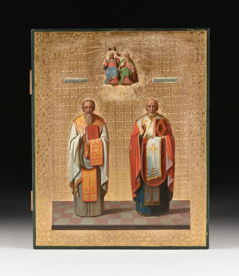 A RUSSIAN PARCEL GILT AND PAINTED WOOD ICON OF ST. (1 of 11)