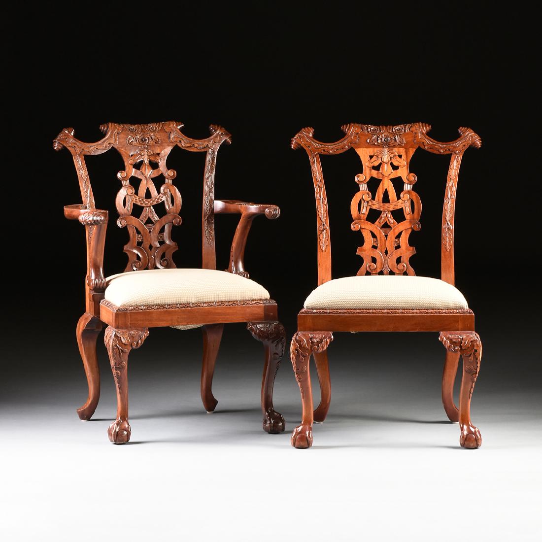 A SET OF TEN ROCOCO CHIPPENDALE STYLE CARVED MAHOGANY (1 of 12)