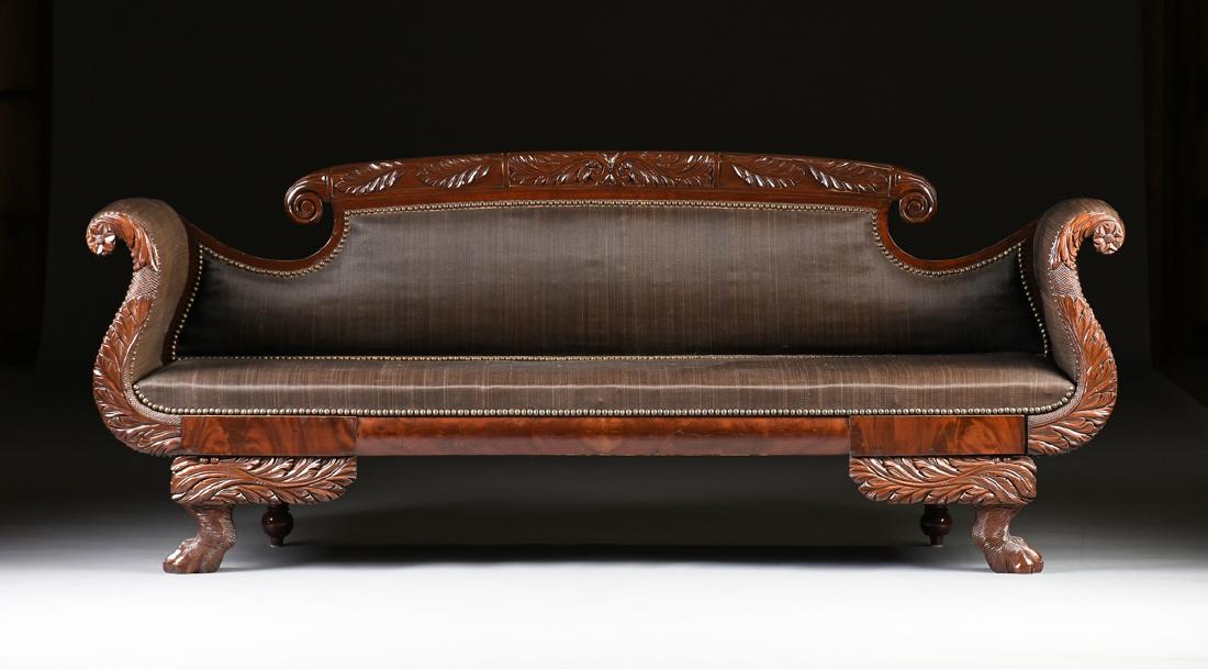 AN AMERICAN CLASSICAL CARVED MAHOGANY SOFA, EARLY/MID (1 of 8)