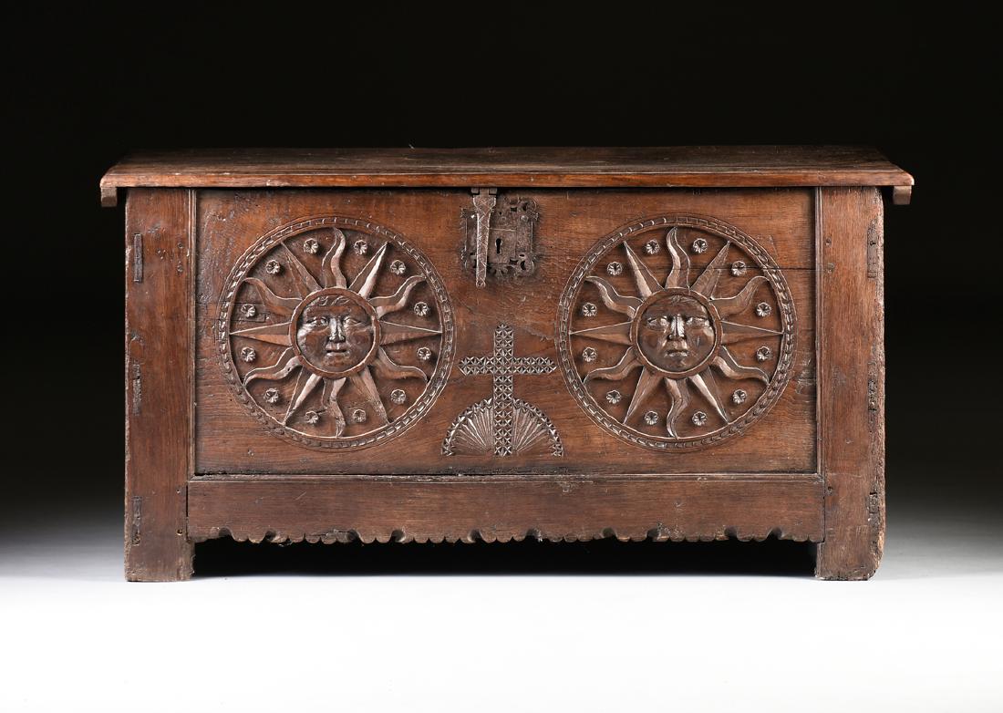 A COLONIAL CARVED OAK COFFER, 17TH/18TH CENTURY, WITH (1 of 16)
