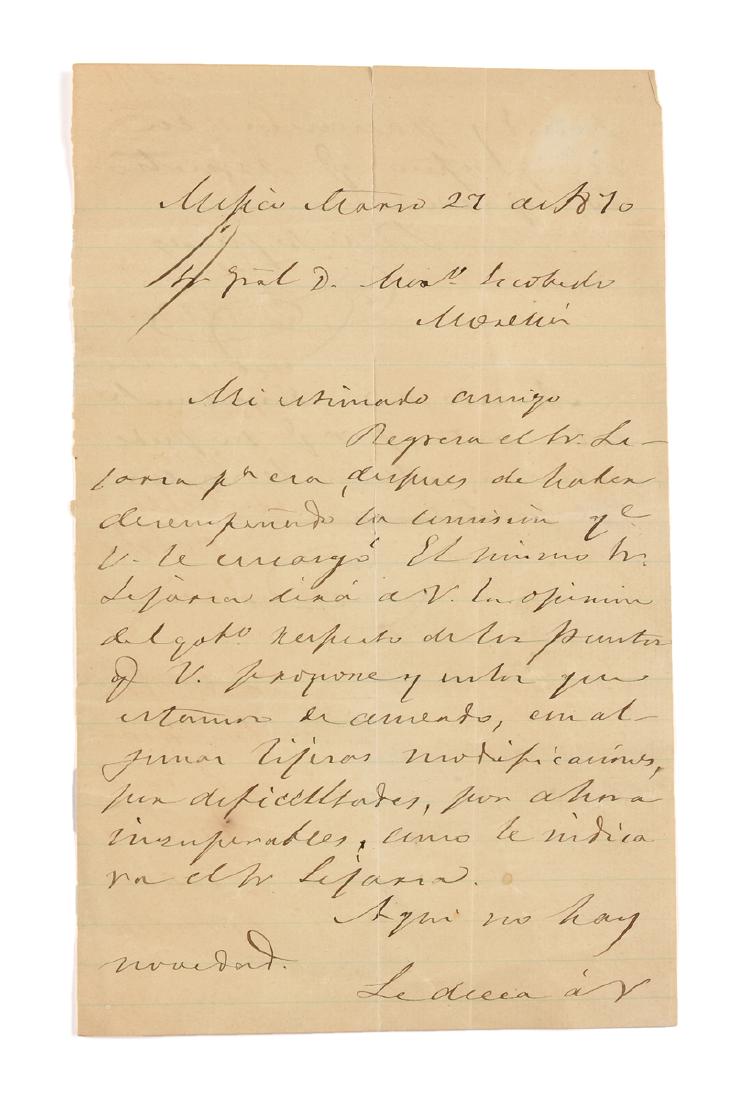 A HISTORICAL MEXICAN DOCUMENT, 1870, A HANDWRITTEN (1 of 3)