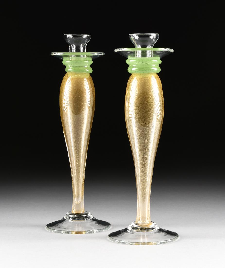 A PAIR OF MURANO GOLD FLECKED HAND BLOWN GLASS