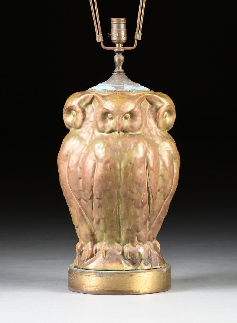 A METALLIC GLAZED CAST PLASTER OWL TABLE LAMP, PROBABLY (1 of 7)