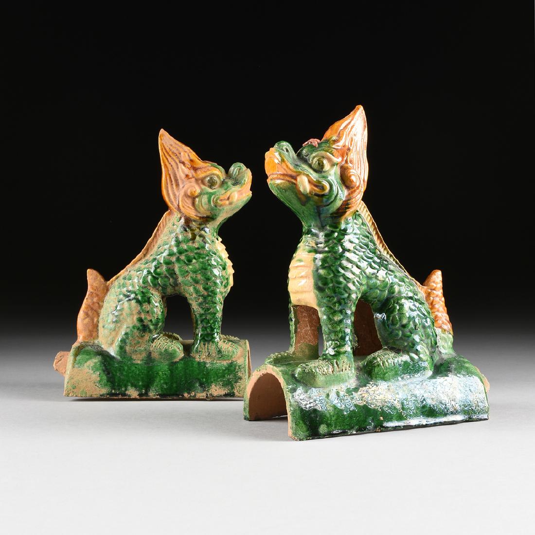 A PAIR OF CHINESE CAST TERRACOTTA THREE COLOR GLAZED (1 of 9)