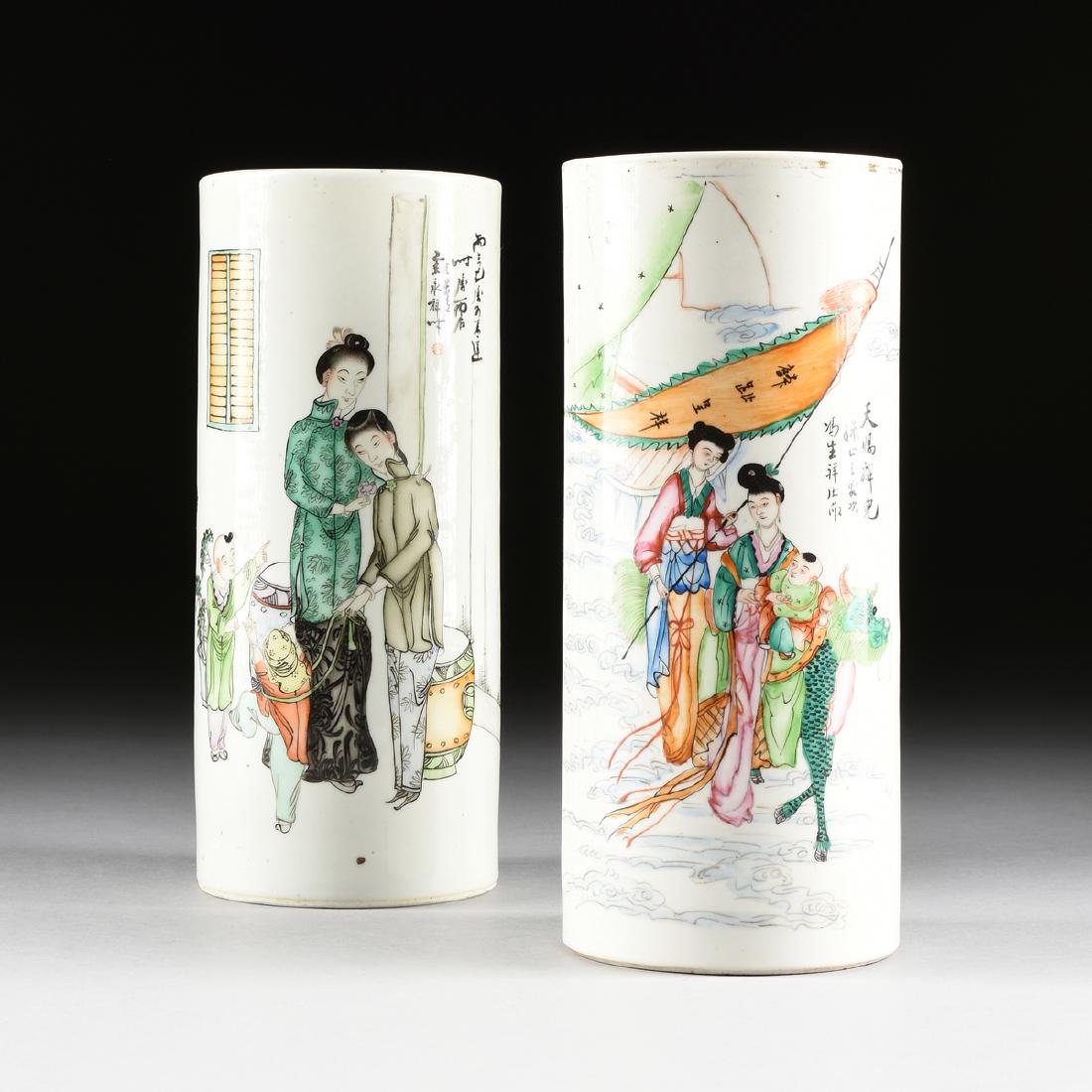 A NEAR PAIR OF CHINESE PORCELAIN BRUSH POTS WITH (1 of 14)