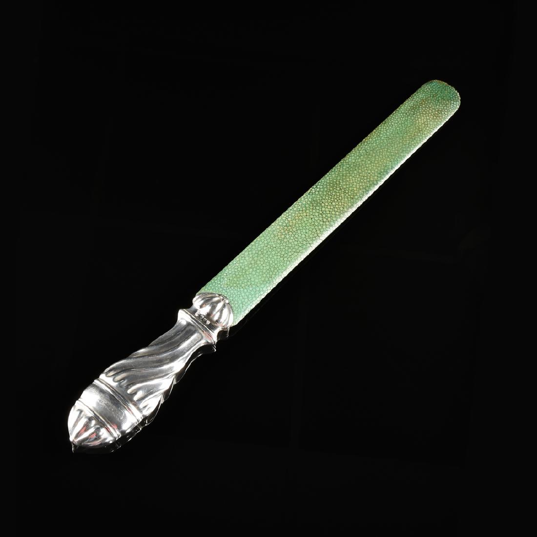 WALTER CHILD (British 1840-1930) AND HAROLD CHILD: WALTER CHILD (British 1840-1930) AND HAROLD CHILD (British 1848-1905) A VICTORIAN PERIOD STERLING SILVER AND SHAGREEN PAGE CUTTER, LONDON, ENGLAND, CIRCA 1891-1892, of folio size with shagreen blade a