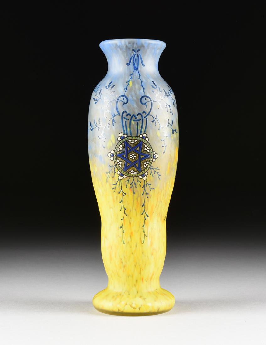 AUGUSTE LEGRAS (French active 1864-1930) AN ENAMELED: AUGUSTE LEGRAS (French active 1864-1930) AN ENAMELED ART GLASS VASE, SAINT DENIS, signed, the frosted mottled blue, yellow and orange glass with an everted rim over a long serpentine body over a foote