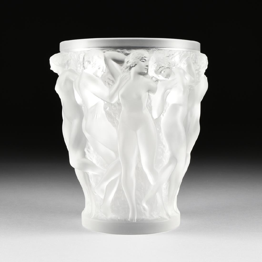 A LALIQUE FROSTED CRYSTAL "BACCHANTES" PATTERN VASE, (1 of 9)