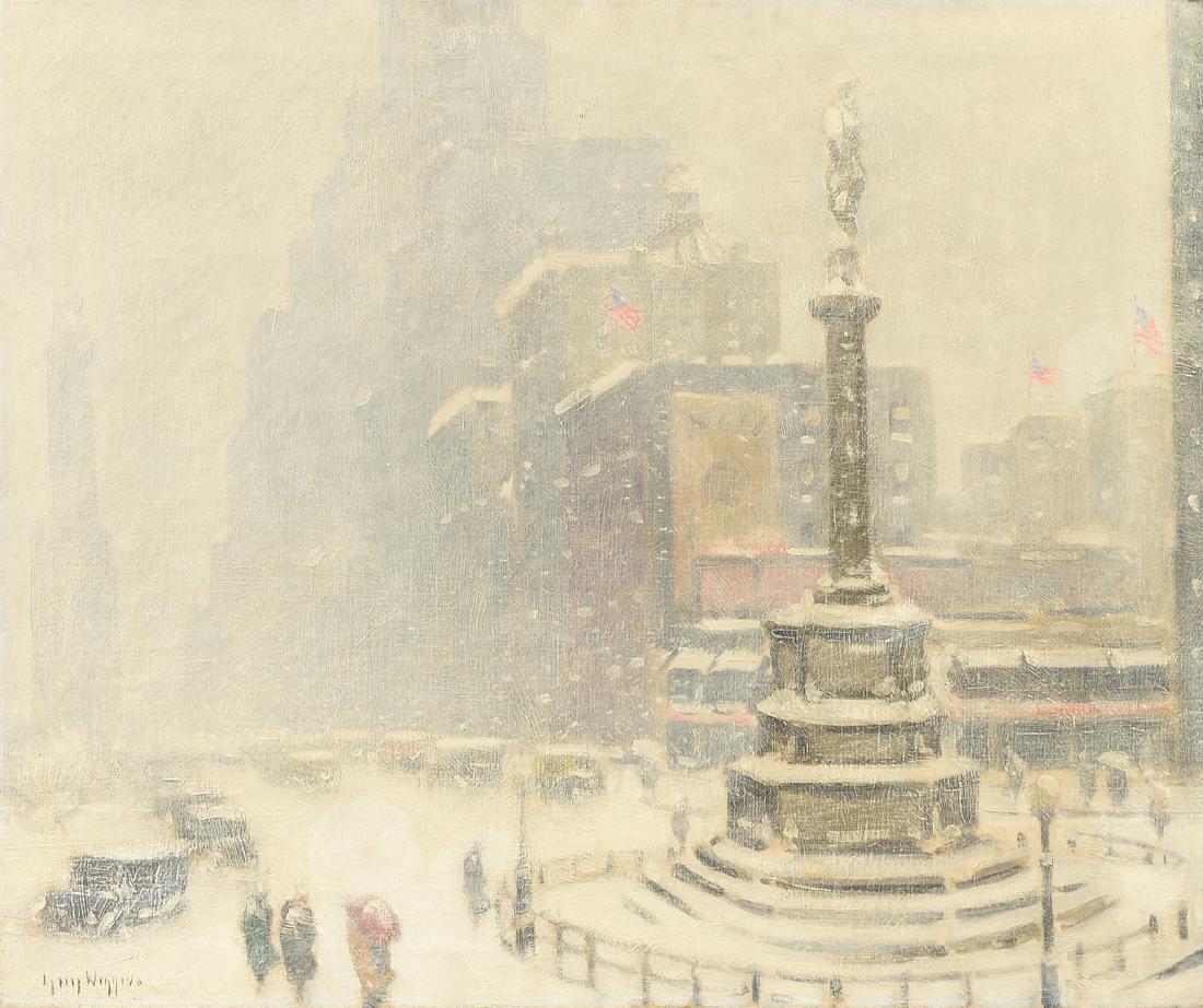 GUY CARLETON WIGGINS N.A. (American 1883-1962) A: GUY CARLETON WIGGINS N.A. (American 1883-1962) A PAINTING, "Columbus Circle, 1936," oil on canvas, signed L/L "Guy Wiggins NA.," inscribed verso "Columbus Circle 1936." 25" x 30" NOTE: This work has b